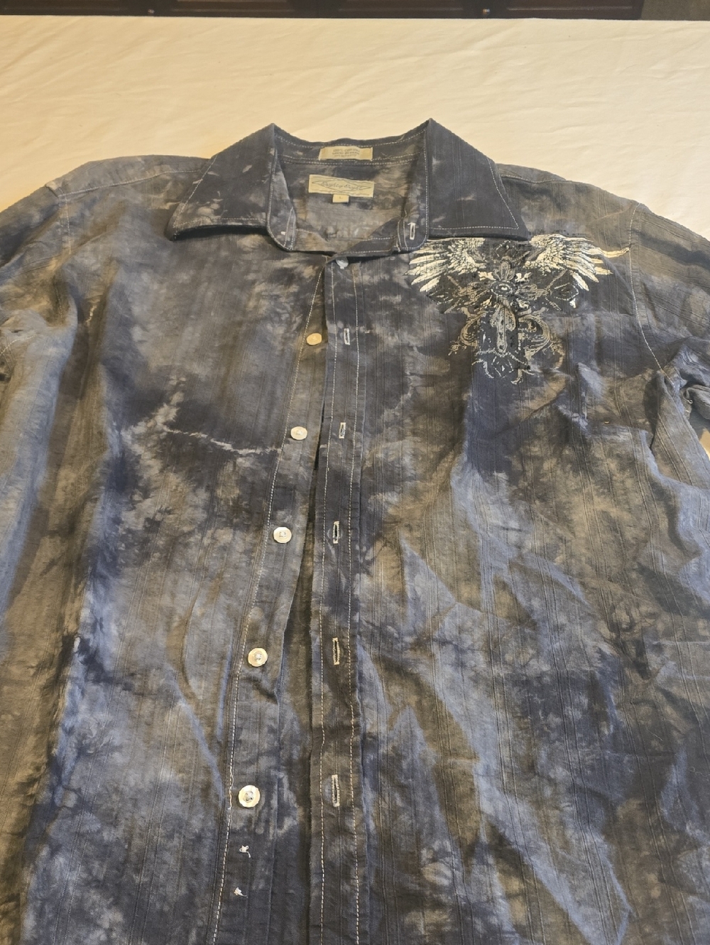 Eighty Eight Navy Tie-Dye Button-Up Shirt with Chest Embroidery